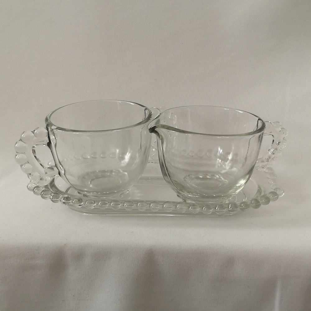 Vintage Candlewick Set of Three Sugar and Creamer with Tray in EUC